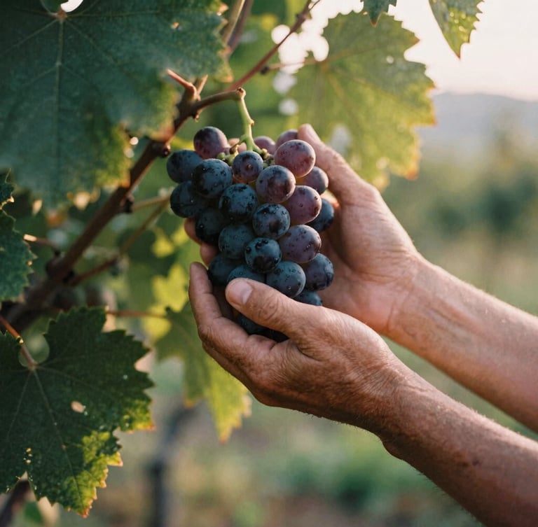 Close-up of weathered hands gently holding a dark cluster of grapes, soft golden hour sunlight filtering through green leaves, 35mm film style