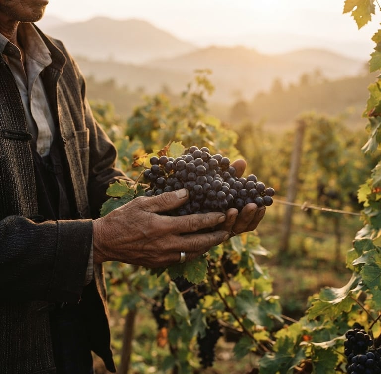 Warm editorial photography of a sun-drenched vineyard on the Shan plateau during golden hour, weathered hands gently holding a cluster of dark grapes, 35mm film style