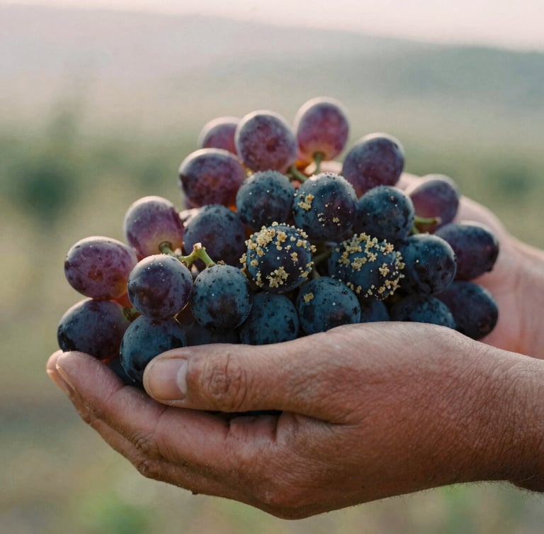 Close-up of weathered hands gently holding dark purple grapes covered in natural yeast bloom, warm morning light, shallow depth of field, 35mm film