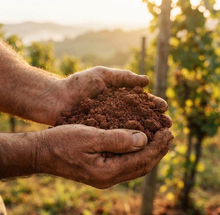 Close-up of weathered hands holding rich, crumbly red clay soil in a sun-drenched vineyard, warm golden hour light, shallow depth of field, 35mm film.