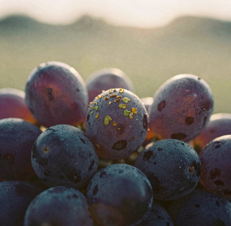 Macro close-up of dark purple grape skins covered in natural wild yeast bloom, soft golden hour sunlight, shallow depth of field, 35mm film.