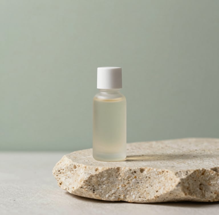 Minimalist apothecary bottles on a natural stone plinth, soft morning light, muted sage background, elegant and clean