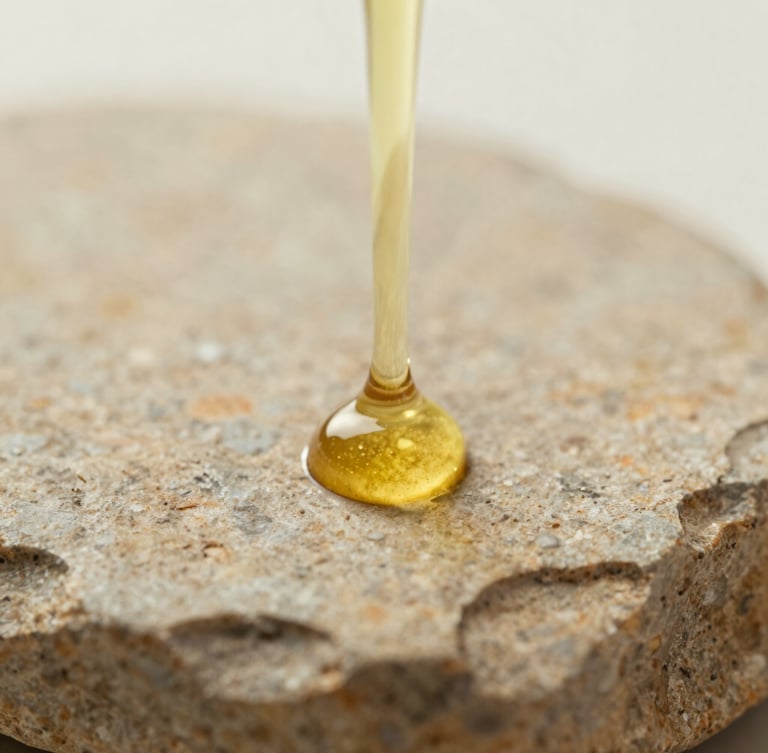Extreme close-up of a single golden drop of cold-pressed sweet almond oil suspended on a textured warm stone surface, soft diffused morning light, shallow depth of field