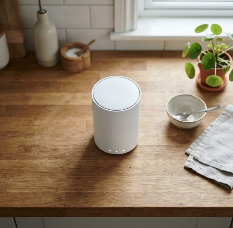 Overhead flat-lay of a sleek white smart home hub on a wooden kitchen counter, natural overcast daylight, crisp details, neutral domestic background