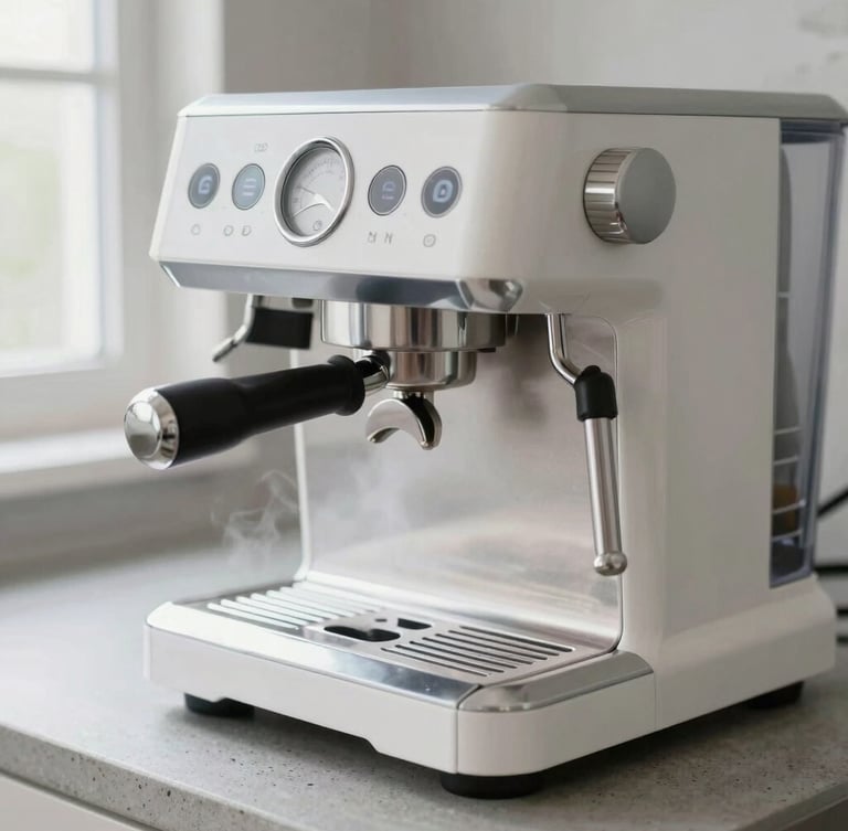 Close-up of a modern espresso machine on a concrete kitchen worktop, steam rising gently, natural soft side lighting, crisp details