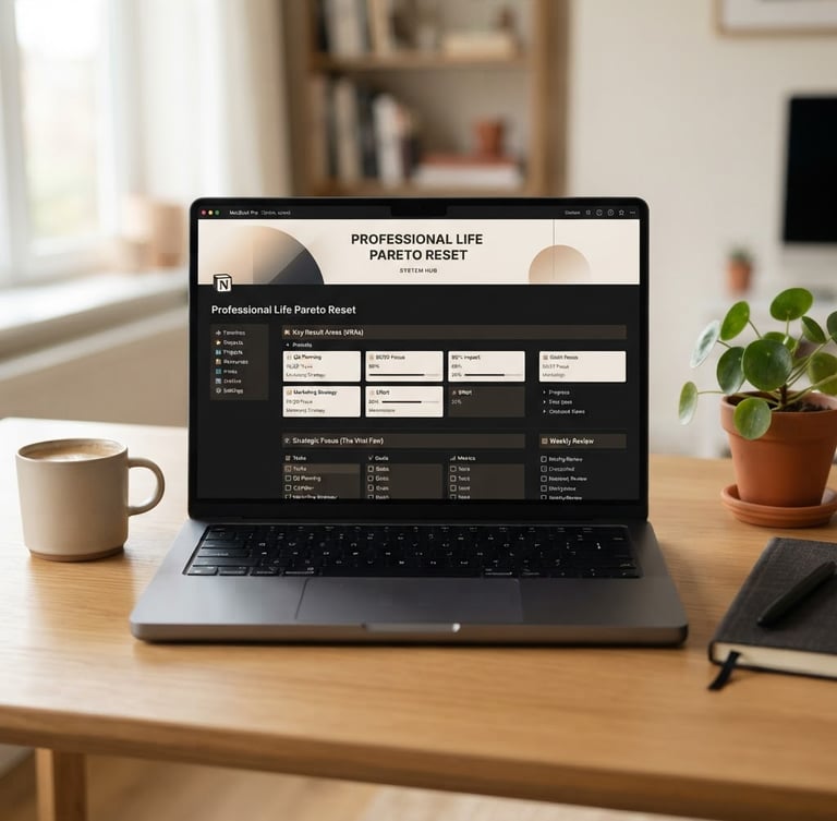 Clean, high-fidelity Notion workspace mockup on a minimalist desk, displaying the Professional Life Pareto Reset system, soft natural daylight, warm beige and charcoal tones, sharp focus.