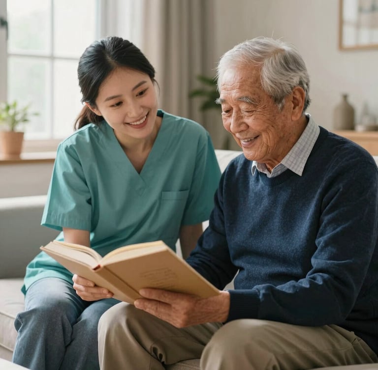 A warm tidy living room with soft window light, a caregiver and an elderly man smiling together over a book, authentic editorial photography, shallow depth of field