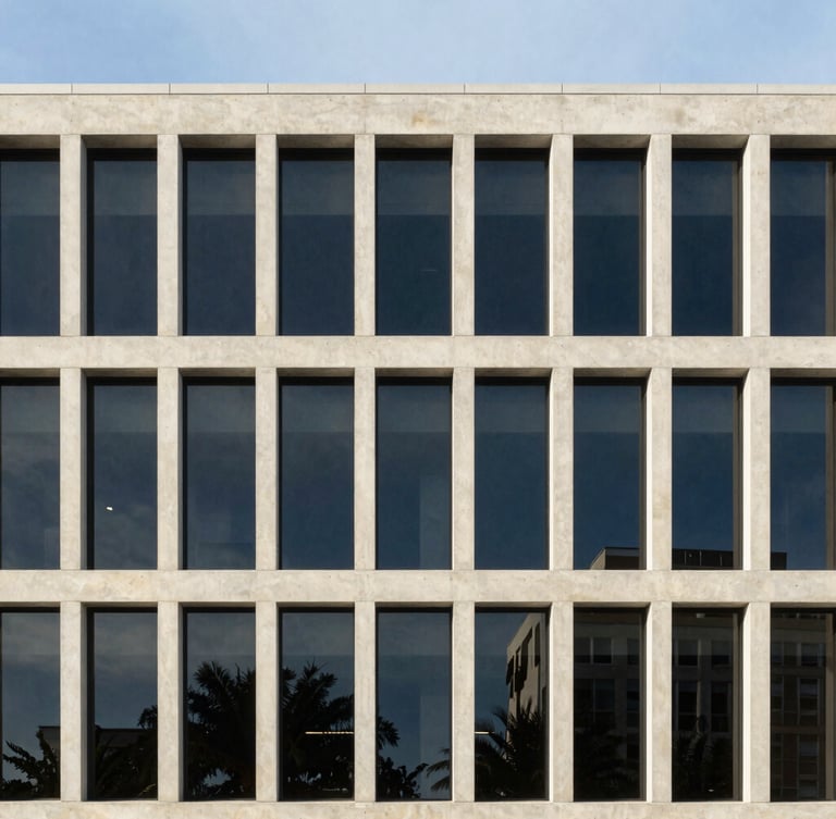 Clean architectural photography of a modern, minimalist concrete and glass office facade in Florida, sharp structural lines, bright morning daylight, desaturated tones, 35mm lens