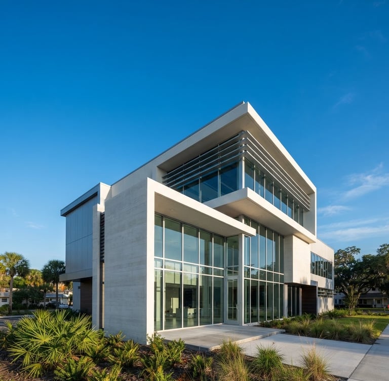 Wide-angle architectural shot of a modern, clean-lined concrete and glass commercial building in St. Augustine, Florida. Bright morning daylight, sharp focus, minimal composition with generous negative sky space.