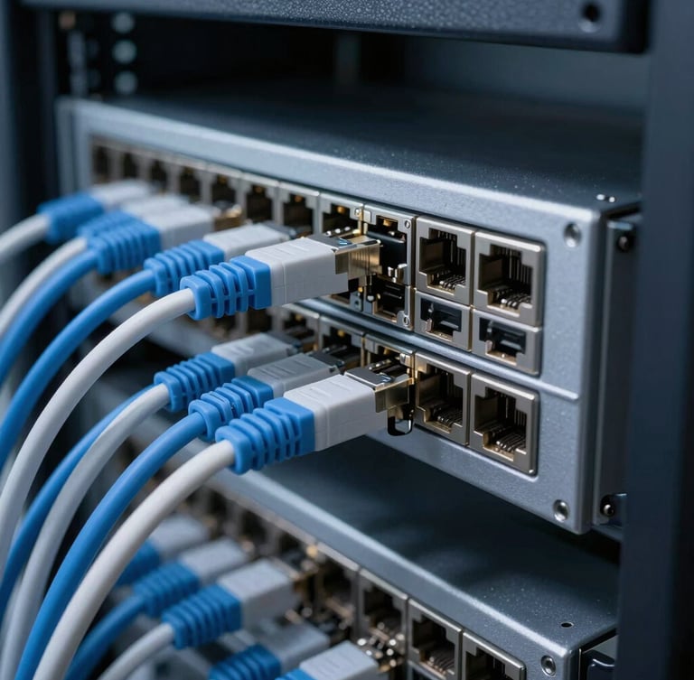 Macro shot of clean corporate server rack, perfectly organized blue and white ethernet cables plugged into switches, cool-toned professional office lighting, shallow depth of field