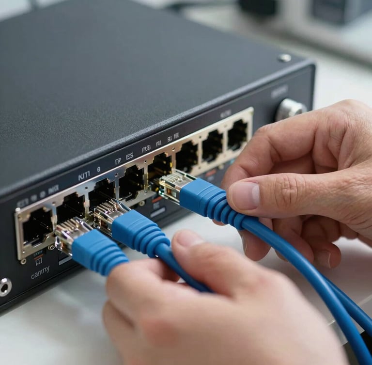 Close-up of a technician's hands configuring a high-performance network switch with clean blue ethernet cables