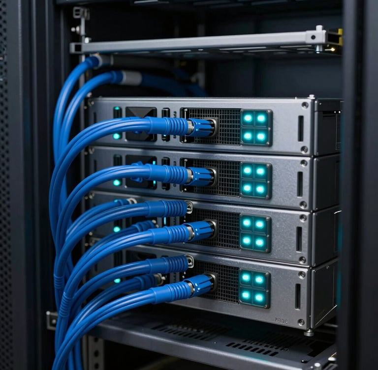 Macro shot of clean, meticulously organized server racks with perfect blue cable management and glowing cyan LED status lights, shallow depth of field.