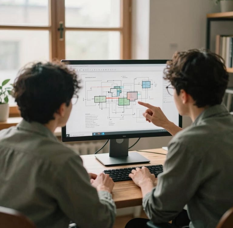 Over-the-shoulder medium shot of two software engineers in a cozy Scandinavian-style office with warm wood accents, discussing an architectural diagram on a matte monitor, soft natural window daylight, 35mm film grain.