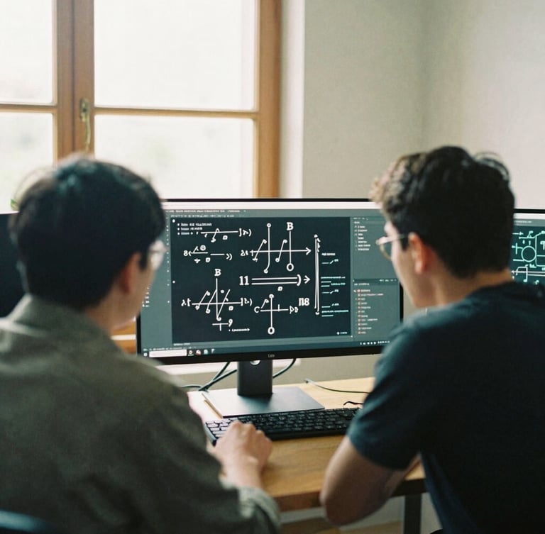 Over-the-shoulder shot of two software engineers collaborating over complex mathematical diagrams on a large monitor, soft natural daylight from a window, warm wood accents in a minimalist Scandinavian studio, 35mm film grain