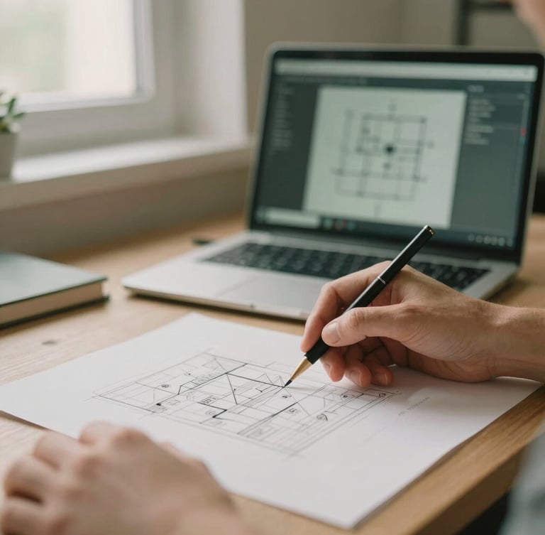 Medium close-up of a software engineer collaborating over architectural diagrams in a warm, minimalist workspace with soft natural light