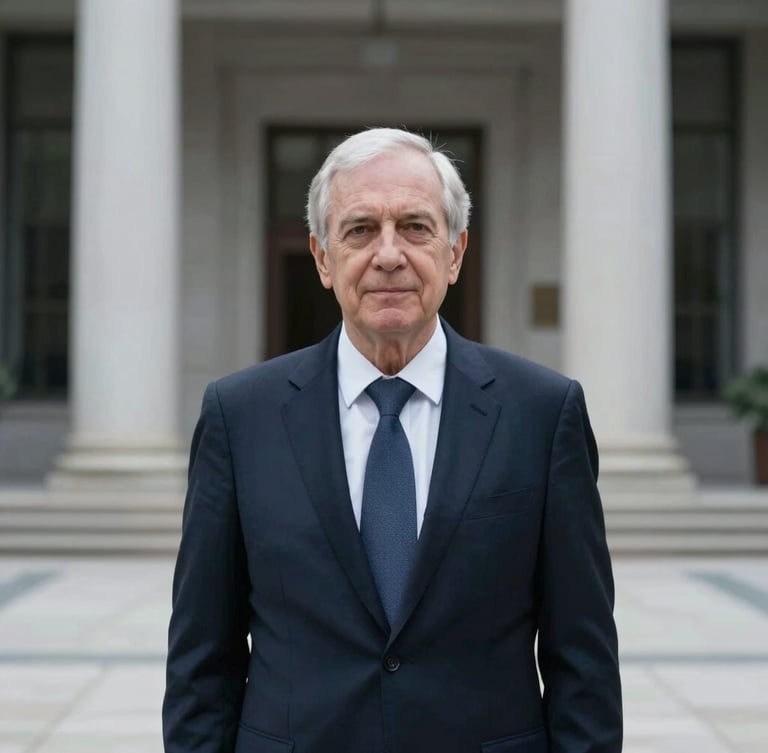 Symmetrical eye-level portrait of a senior legal advisor in a dark navy formal suit, unsmiling, cool diffused daylight, modern civic office background.