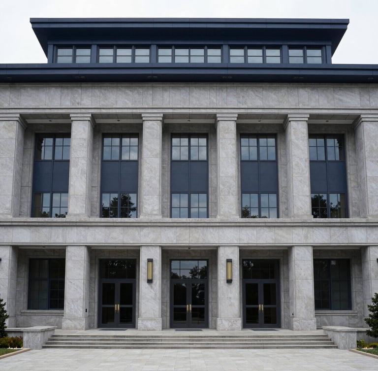 Straight-on eye-level architectural photography of a modern civic courthouse facade, cool diffused daylight, sharp focus, symmetrical composition.