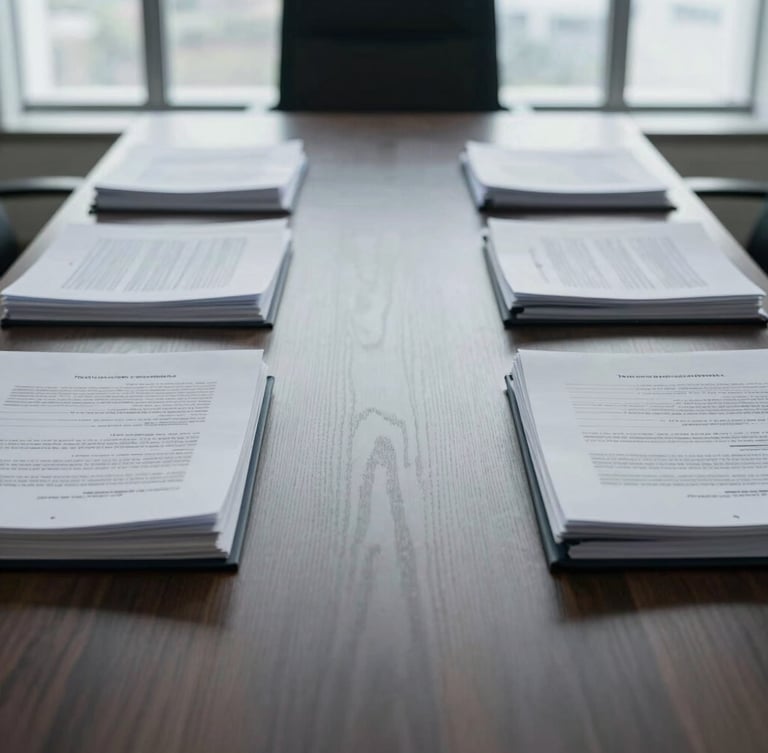 Symmetrical close-up of structured legal documents and folders stacked on an empty dark wood conference table, cool diffused office window light.