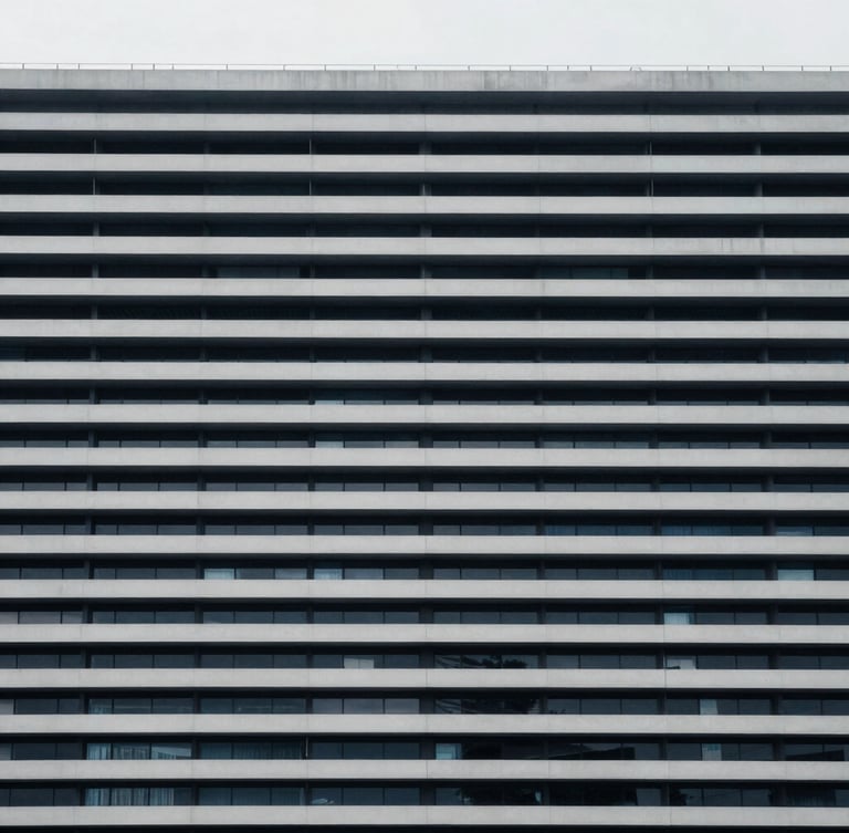 Symmetrical straight-on eye-level architectural photograph of a modern civic building with clean horizontal lines, cool diffused daylight, desaturated navy and gray tones, sharp focus
