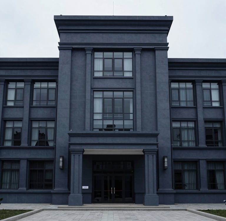 Straight-on symmetrical shot of a modern civic court building exterior, cool diffused overcast daylight, desaturated navy tones, sharp focus.