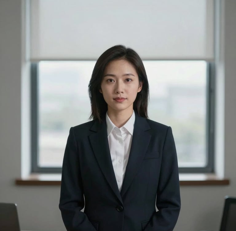 Symmetrical eye-level portrait of a professional legal advisor in formal dark attire, neutral office window light, unsmiling and authoritative.