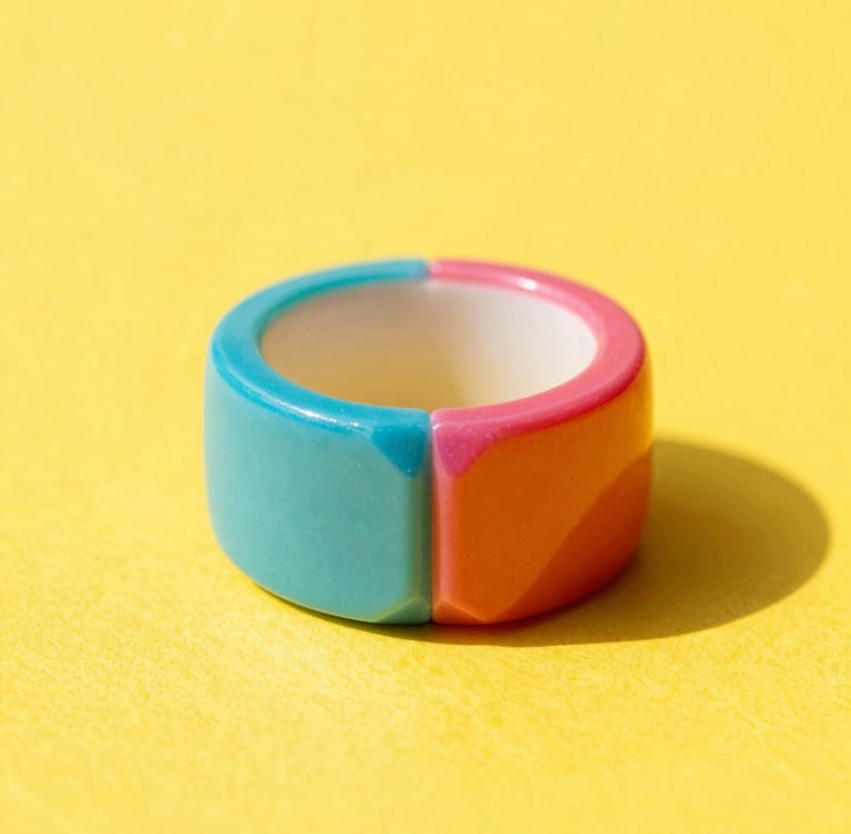 A vibrant close-up of a chunky geometric acrylic ring on a bright sunny yellow backdrop, high-key studio lighting, crisp shadows, pop-art aesthetic