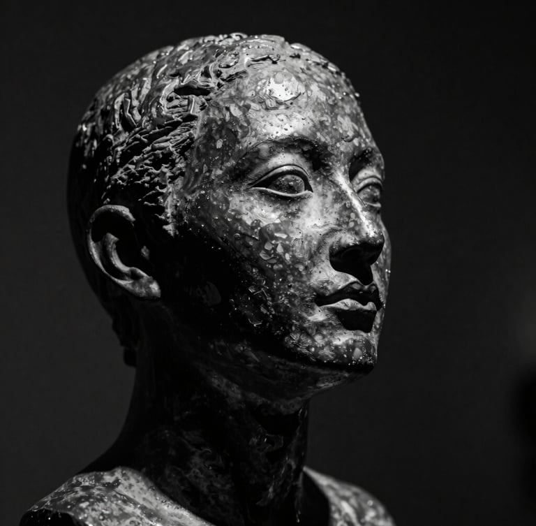 Stark monochrome gallery photography, dramatic chiaroscuro spotlighting, deep obsidian shadows, crisp high-contrast details, 35mm. Extreme close-up of a physical bronze sculpture texture, rough weathered metallic surface catching sharp dramatic light.