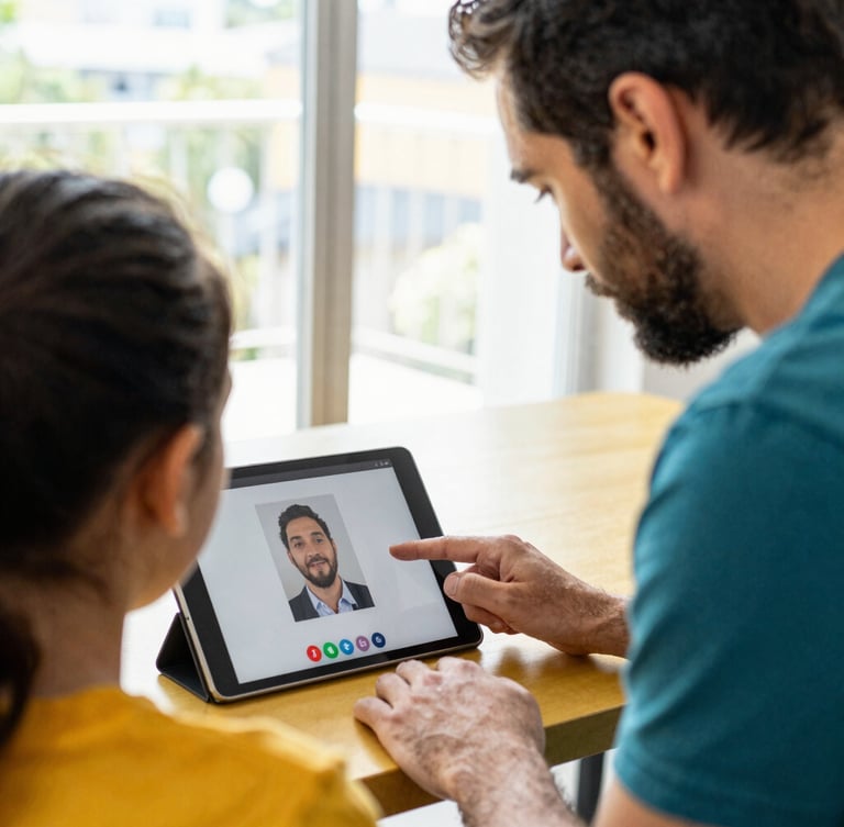 Candid medium close-up of a mentor and student analyzing a digital design on a tablet screen during a video call, bright natural window light, vibrant gold accents, 35mm