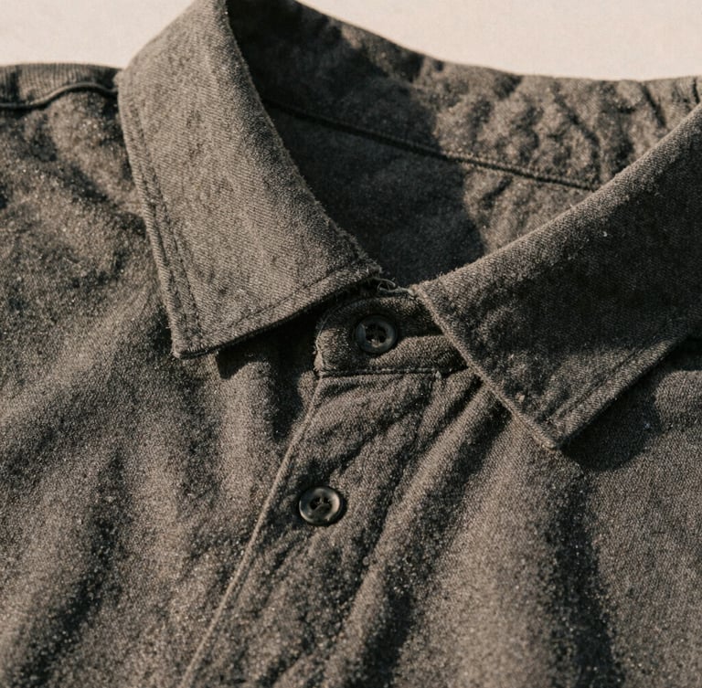 A tight macro shot of a charcoal heavy-weight cotton collar line and clean seams, warm directional afternoon sun casting soft shadows, showing fabric texture.