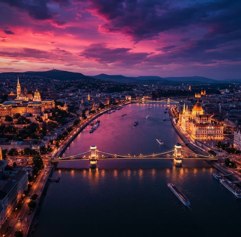 High-altitude twilight cityscape of Budapest, dramatic magenta and deep purple sunset lighting reflecting off the Danube river, wide-angle cinematic frame.