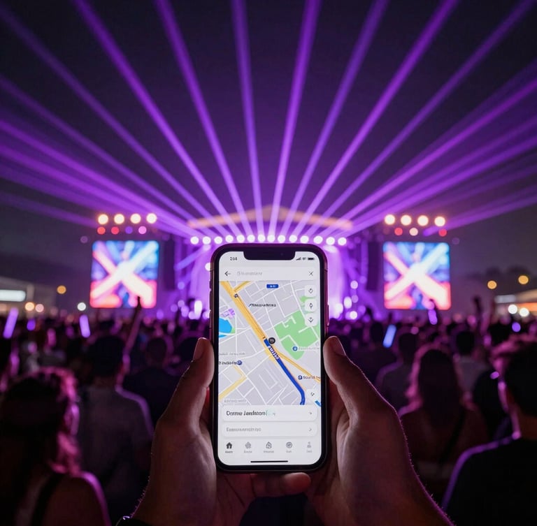 Low-angle wide shot of a massive music festival crowd under vibrant purple lasers, a hand holding a phone in the foreground showing a clean map interface, 35mm cinematic grain.