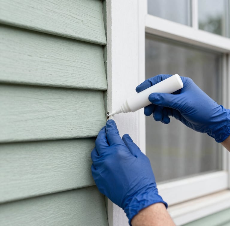 Extreme close-up shot of a professional technician's gloved hands meticulously applying sealant to a small, almost invisible gap in a home's exterior siding, bright natural daylight, crisp focus.