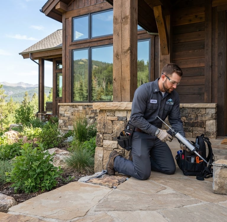 Professional technician in clean, branded uniform inspecting the exterior of a mountain-modern home for pest entry points, bright morning daylight, focused on structural sealing work, with the technician on the right side of the frame.