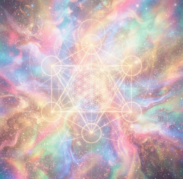 Abstract cosmic texture with soft iridescent pastel gradients and subtle sacred geometry lines, luminous backlighting, 35mm, portrait aspect