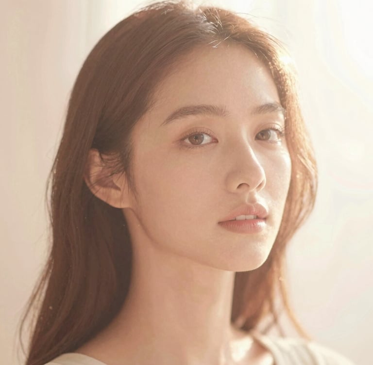 Warm-toned portrait of a woman with a serene expression, luminous ethereal backlighting, soft focus, 35mm, looking slightly off-camera