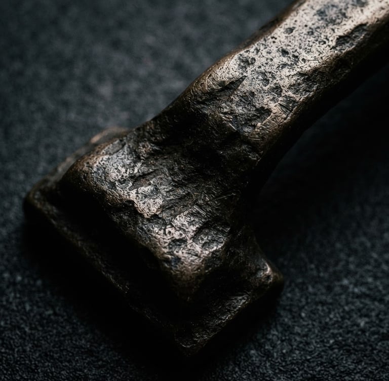 Extreme macro studio photograph of a heavy, textured cast-bronze door pull, deep dramatic side shadows, metallic grain, dark charcoal background