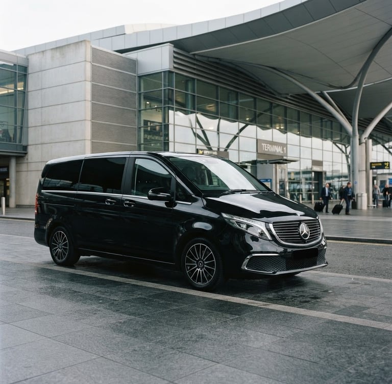 Elegant editorial photography of a pristine black Mercedes-Benz V-Class parked in front of a modern airport terminal, soft overcast daylight, clean architectural lines, 35mm