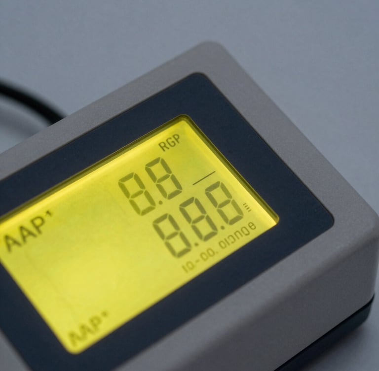 High-contrast close-up of a digital ATP luminometer displaying numerical data, sharp focus on the illuminated safety-yellow screen, slate grey background.