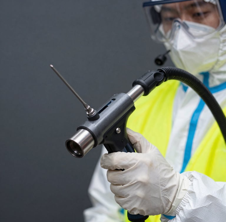 Close-up of a technician in a white hazmat suit holding a specialized steam extractor wand, sharp industrial photography, high-contrast cool studio lighting, slate and safety-yellow tones