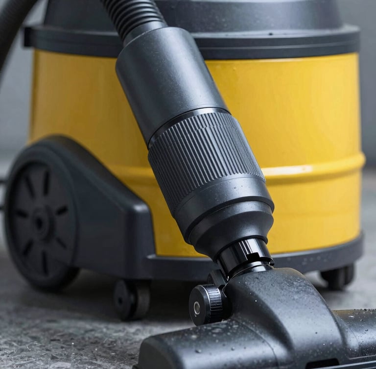 Close-up of a heavy-duty industrial HEPA vacuum machine, sharp industrial photography, cool studio lighting, slate and safety-yellow tones
