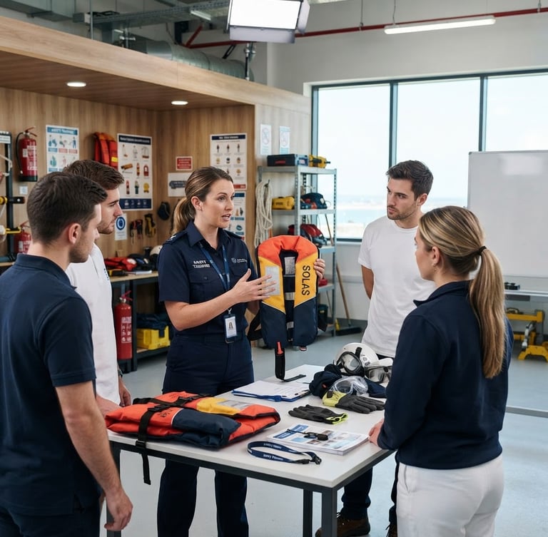 Crisp editorial photography of a mock cabin workshop. A professional instructor in a sharp navy uniform demonstrates safety equipment to attentive students. Bright daylight-balanced studio lighting, clean navy and white tones, sharp focus, 50mm lens.