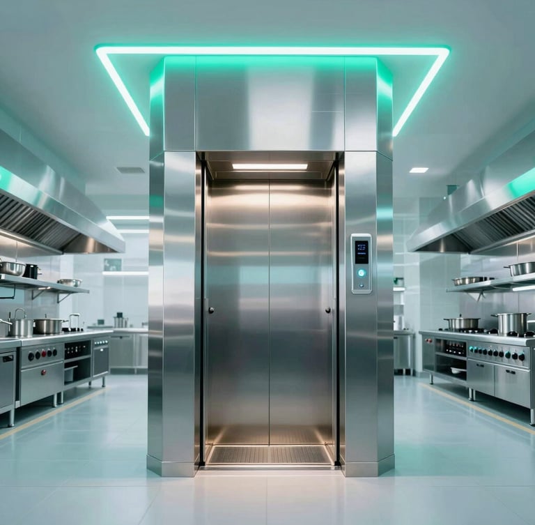Sleek modern stainless steel dumbwaiter lift open in a pristine, high-tech commercial kitchen, bright cool-toned architectural lighting with sharp teal highlights, geometric symmetry.