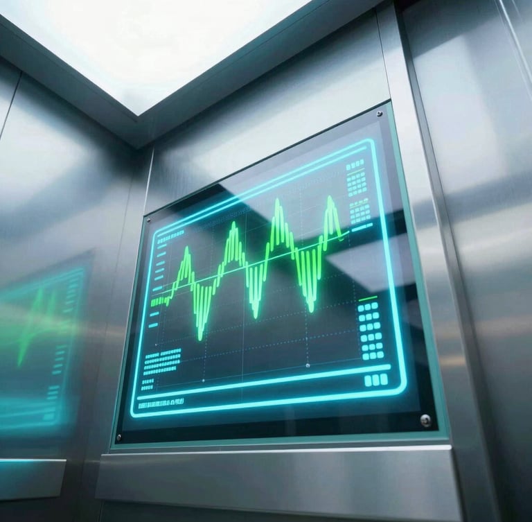 Close-up of a futuristic smart elevator interface displaying glowing cyan and neon green traffic flow charts, sleek glass control panel, bright high-key architectural lighting