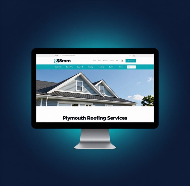 Straight-on desktop browser mockup of Plymouth Roofing Services website, crisp studio lighting, deep navy background with subtle cyan glow, sharp focus, 35mm