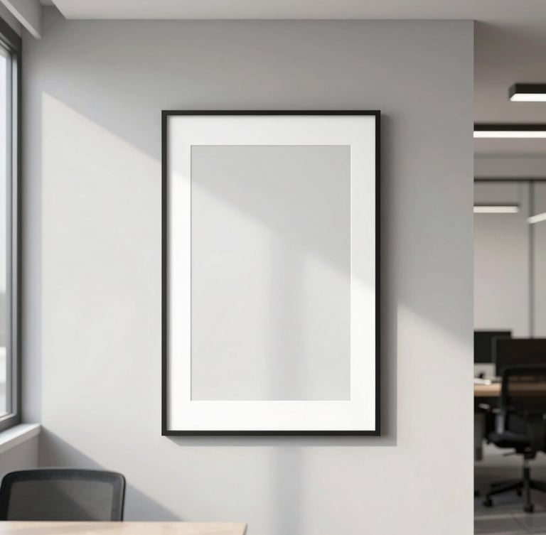 Bright modern office interior, a large minimalist framed art print on a neutral gray wall, soft natural daylight, crisp details, 35mm lens