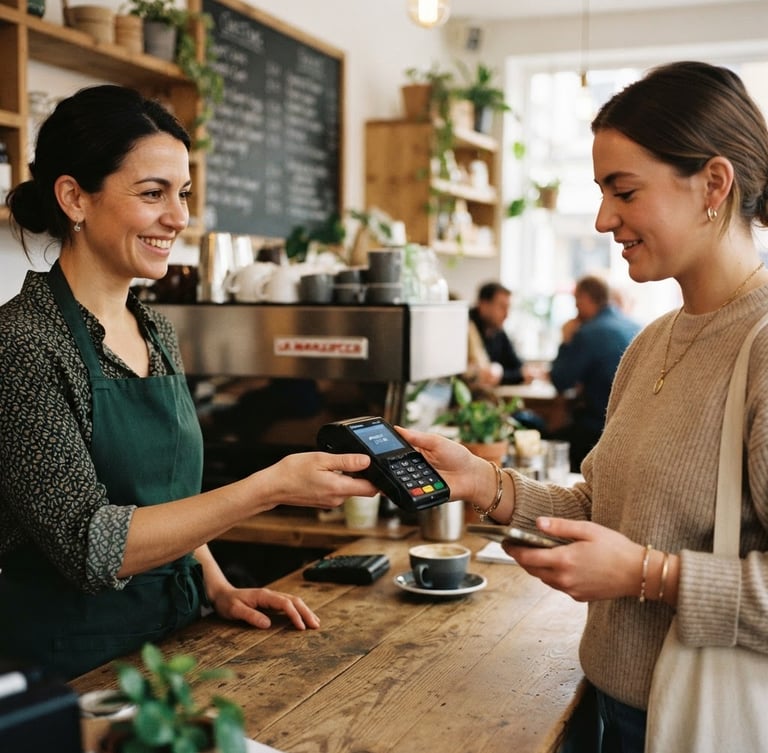 Close-up of a local cafe owner handing a card terminal to a customer, warm natural shop lighting, realistic 35mm documentary style.