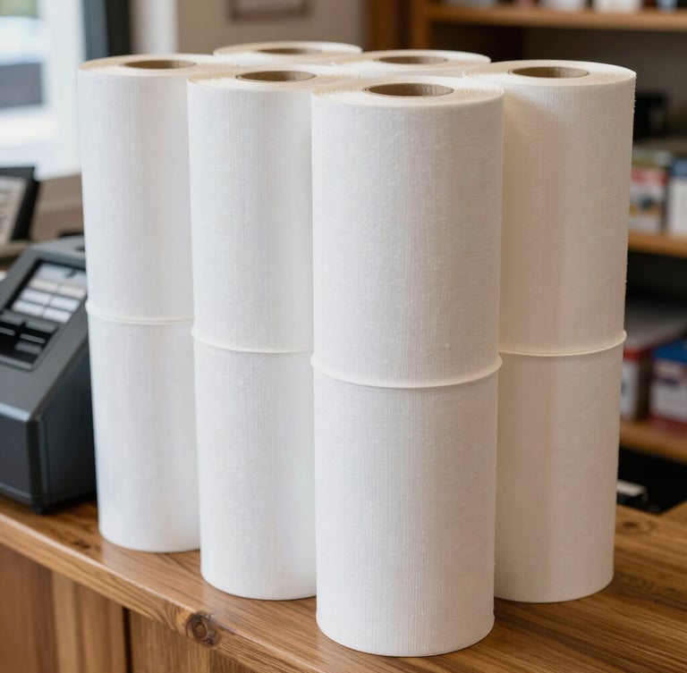 Stack of white thermal till rolls on a wooden counter next to a card machine, natural light, local shop environment