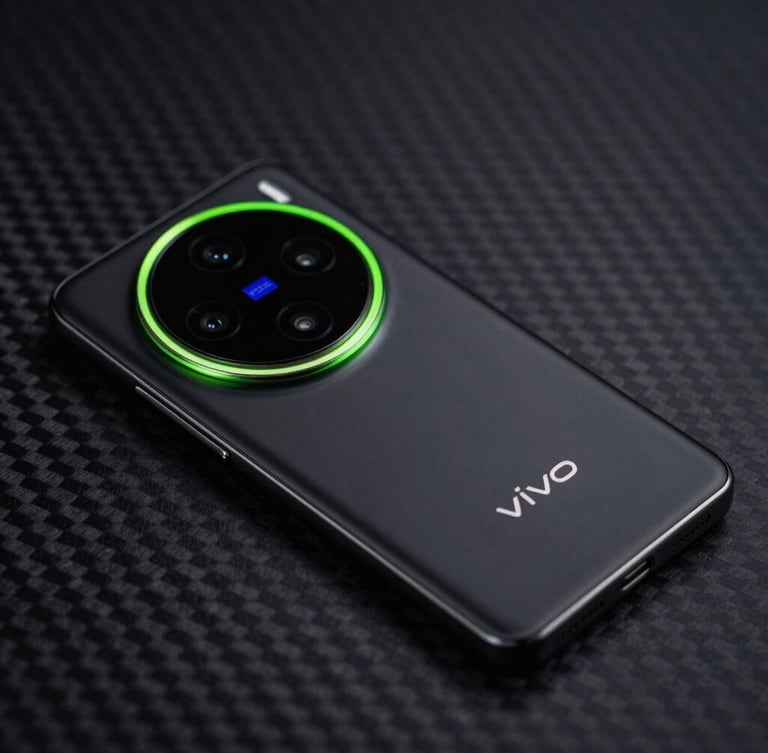 Moody close-up of a sleek black Vivo X200 Ultra smartphone resting on a dark carbon fiber surface, vibrant green neon rim light accenting the camera ring, sharp macro details, 50mm lens
