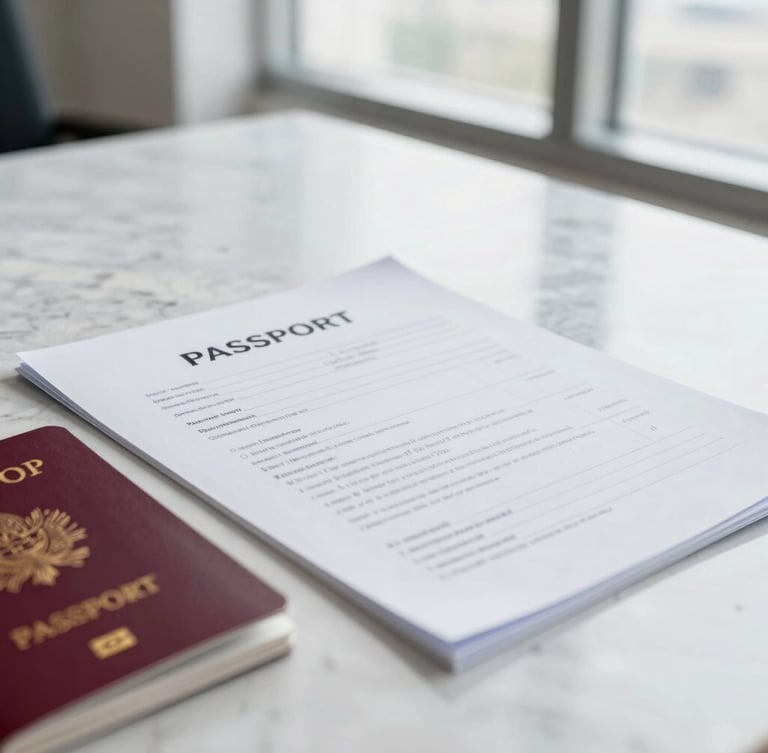 Close-up of organized documents and passports on a clean marble desk, bright natural window light, sophisticated corporate tones