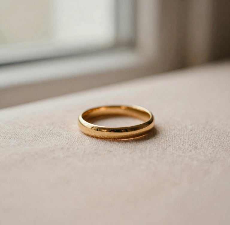Macro detail of a warm gold ring gently resting on soft linen under diffused window light, muted blush-beige tones, shallow depth of field, 35mm film.